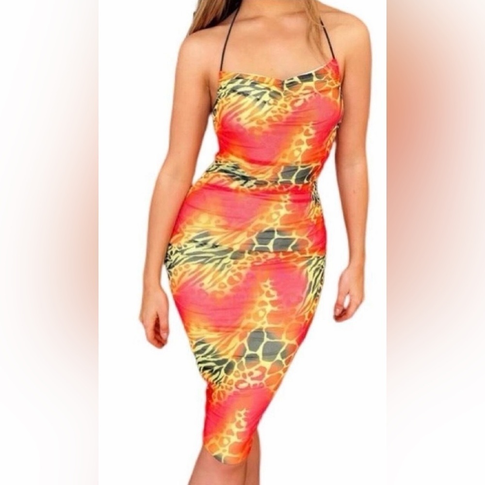 NWT I.AM.GIA Azalea mixed print Red and Orange Midi Dress size XXS